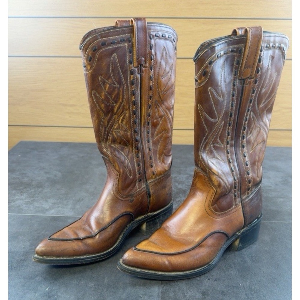 VTG 80s Acme Men's 7.5D Brown Leather Western Cowboy Boots Style 6044 Snip Toe